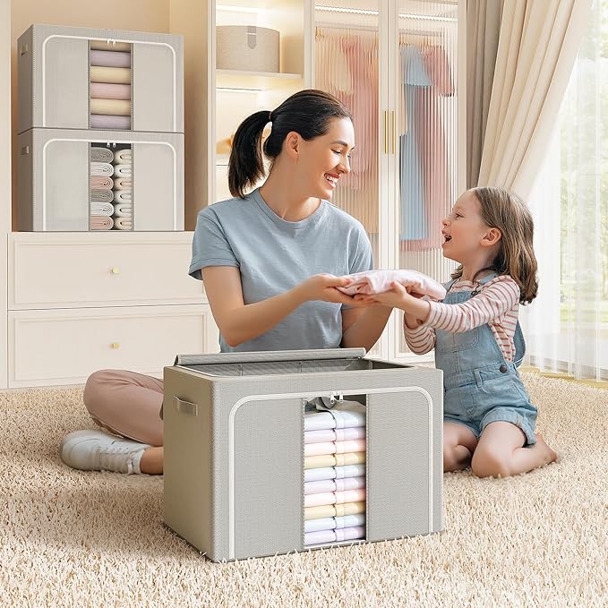 Clothes Storage Bins with Metal Frame Foldable Storage Box Clothes Organizers Storage Containers for Clothes Sheets Blankets Books Toys Gifts and Holiday Decorations (100Lx3 Pack)