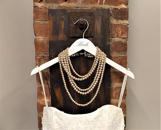 NAHANCO 17" Wooden Hangers, Bride and Groom Set, White with Black Imprint (2 Piece Set)