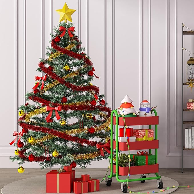 3-Tier Utility Rolling Cart,Kitchen Storage Carts with Wheels,Metal Rolling Cart for Office,Home,Kitchen,Garden（13.4"x18.1"x31"） Red+Green