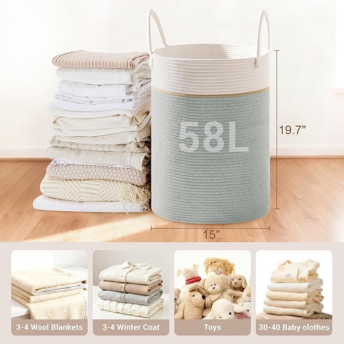 Tall Laundry Basket with Handles, 58L Portable Dirty Clothes Hamper, Boho Cotton Rope Storage Bin for Blankets Kids Toys Gifts, Decorative Organizer for Nursery Bedroom Bathroom, Sage Green