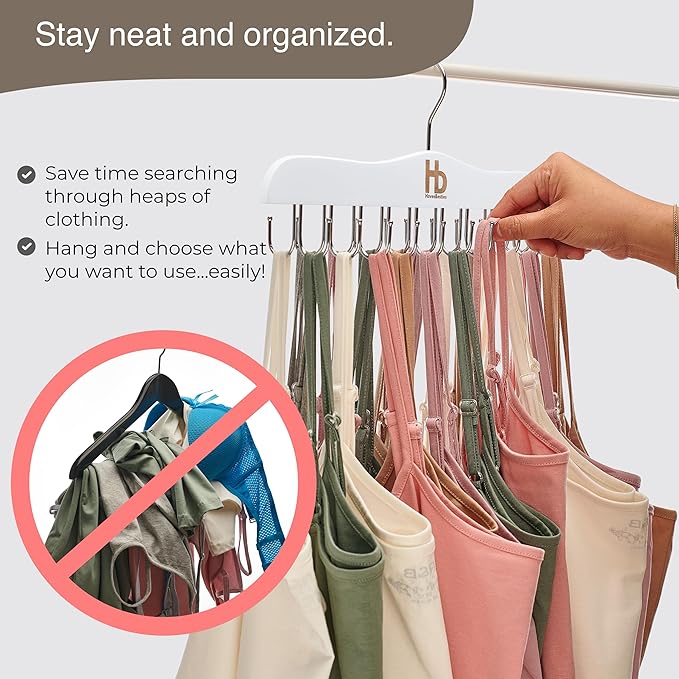 Large Bra Hanger and Bra Organizer for Closet – Tank Top Hanger Space Saving for House, Dorm, Apartment - Foldable Wooden for Closet Organizer– with 20 Hooks, Lotus Wood, White, 2 Pack