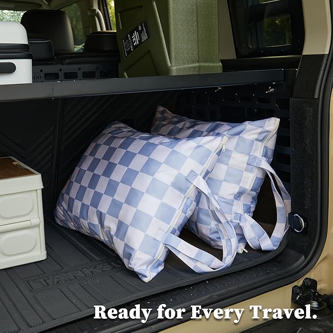 Checkered 2 Pcs Large Travel Laundry Bags for Dirty Clothes, Aesthetic Trendy Waterproof Washable Laundry Bag with Handle for Travel, Gym, Swimming Pool, Blue
