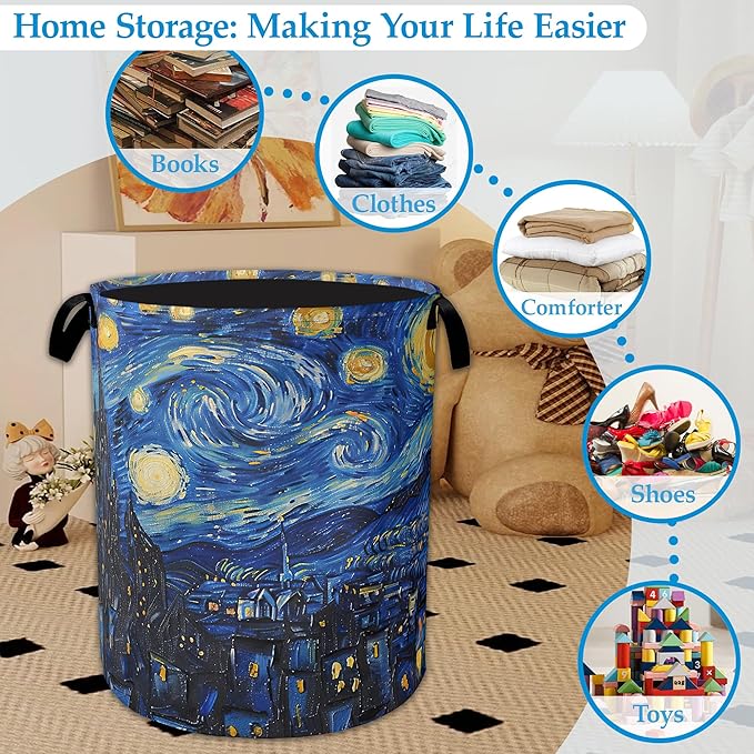 Starry Night Large Storage Basket Collapsible Laundry Basket Oxford Storage Bin for Toy Bins Gift Baskets Bedroom Clothes Children Nursery Hamper 16" X 20.8"