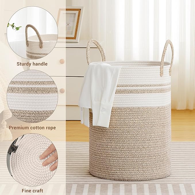 Tall Laundry Basket with Handles, 100L Portable Dirty Clothes Hamper, Boho Cotton Rope Storage Bin for Blankets Kids Toys Gifts, Extra Large Organizer for Nursery Bedroom Bathroom, New Brown