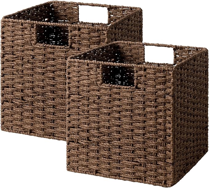 StorageWorks 11 inch Wicker Storage Cubes, Handwoven Cube Storage Bin, Square Cubes Basket, Foldable Paper Rope Basket for Organizing, Brown, 2 Pack