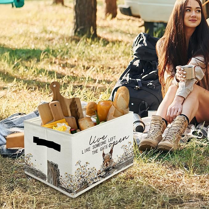 Rustic Squirrel Storage Bins & Boxes with Handles, Farmhouse Squirrel Foldable Basket for Organizing, Live Like Someone Left the Gate Open Collapsible Storage Basket for Bedroom Bathroom Clothes