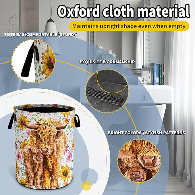Highland Cow Laundry Basket Beautiful Flowers Foldable Oxford Cloth Funny Tote Bag Laundry Hamper Clothes Storage Bucket Toy Organizer For Bathroom/Laundry Storage/Bedroom 18.9x16.5 Inch