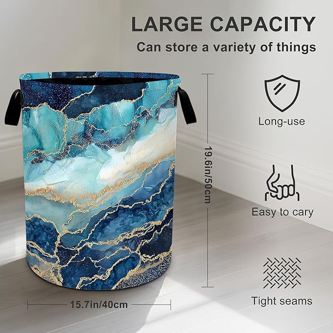 Marble Laundry Basket Storage Bin Foldable Laundry Hamper Clothes Storage Bucket Organizer 19.6x15.7 Inch For Laundry Room/Bedroom/Bathroom
