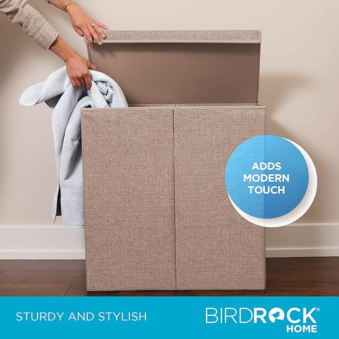 BIRDROCK HOME Double Laundry Hamper with Lid and Removable Liners | Linen | Easily Transport Laundry | Foldable Hamper | Cut Out Handles