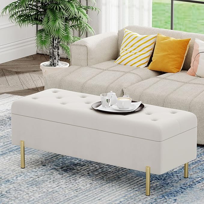Andeworld Velvet Storage Bench, Modern Bedroom Bench, Upholstered Tufted Large Settee Ottoman with Storage Bench for Bedroom,Living Room,Entryway, Ivory