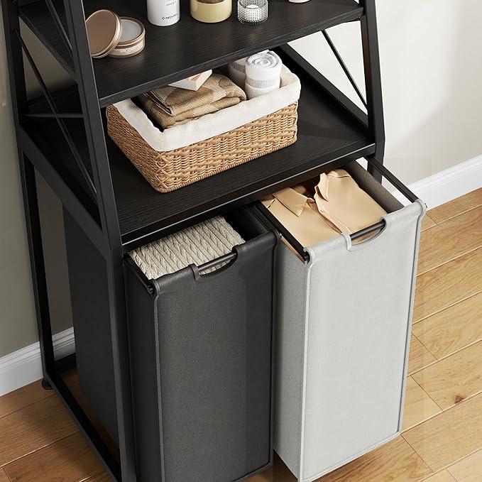 Laundry Basket, 2 Section Laundry Hamper with 4 Tiers Shelf, Pull-Out and Removable Laundry Bags, Large 2 x 15.87 Gallons, for Bedroom Bathroom Black PF11XLK