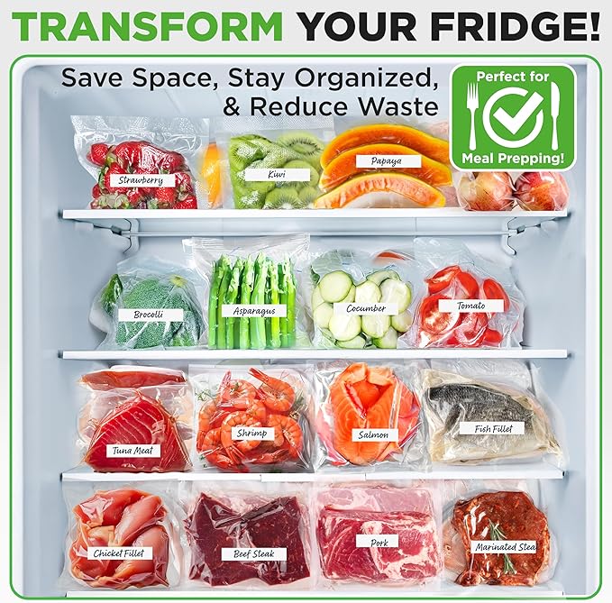 NutriChef Vacuum Sealer Bags for Food 8” x 50’ & 11" x 50' (2 Rolls, 100’ Total) – Works with All Sealers, BPA-Free, Heavy-Duty, Multi-Layered – Freezer, Microwave & Sous Vide Safe
