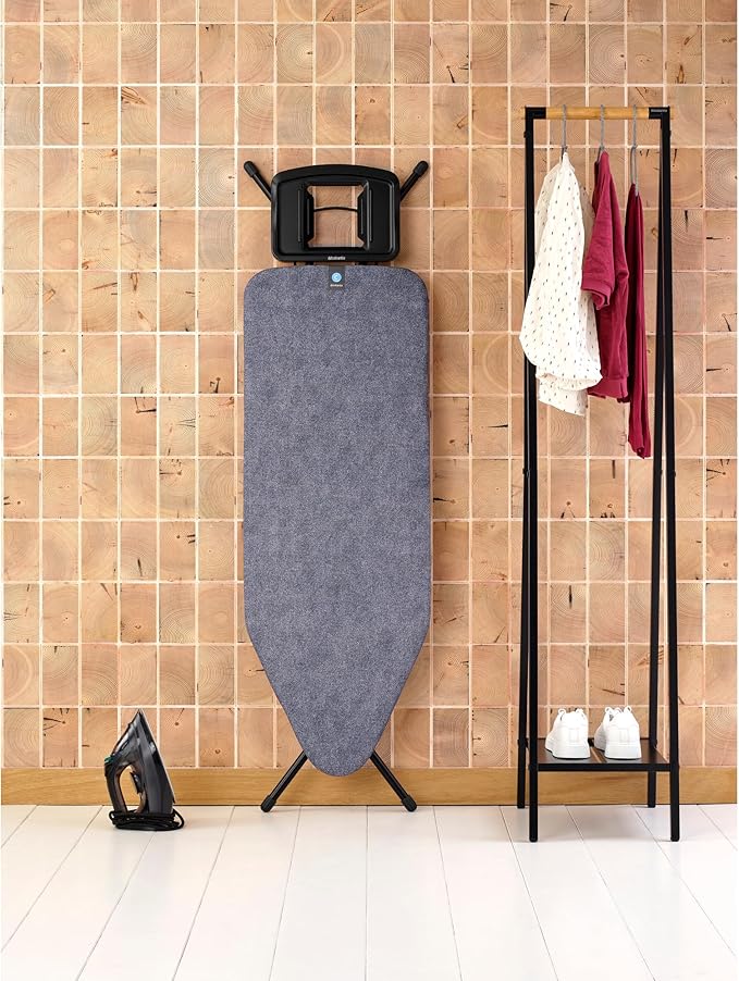 Brabantia Size C Ironing Board (49x18 in) 7 Height Options, Solid Steam Iron Rest Holder (Denim Blue) Non-Slip Feet, Anti-Collapse Child Locks