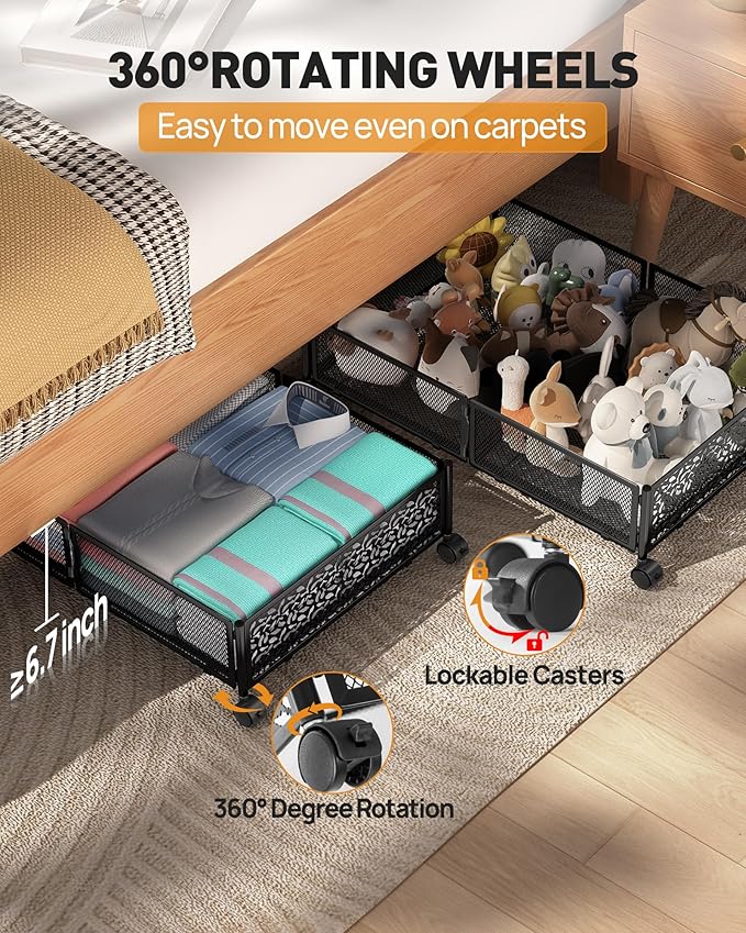 Under Bed Storage with Wheels, Foldable Pattern Carved Metal Under Bed Storage Containers, 60L Rolling Underbed Storage, Easy Assembly Under The Bed Storage for Shoes, Clothes, Blankets...