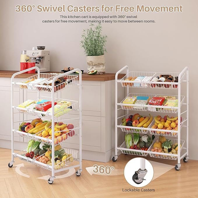 UMDONX Fruit Basket Storage Cart with 8 Baskets and Wheels – Rolling Metal Kitchen Organizer for Fruits, Vegetables, Snacks & Pantry – Space-Saving Multi-Purpose Storage Rack for Home & Apartment