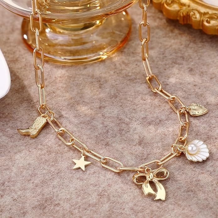 Chunky Gold Necklace for Women Gold Evil Eye Cowboy Pendant Necklace Dainty Paperclip Chain Vintage Luck Amulet Choker Necklaces Celestial Jewelry Gift