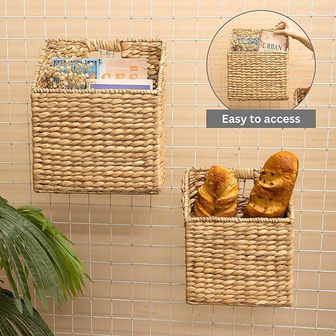 KOLWOVEN Wicker Hanging Storage Baskets, Set of 2 Wall Baskets for Accessories and Organizing Files, Mail Baskets
