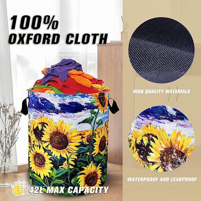Beautiful Sunflower Flowers Laundry Basket Foldable Oxford Cloth Funny Tote Bag Laundry Hamper Clothes Storage Bucket Toy Organizer For Bathroom/Laundry Storage/Bedroom 18.9x16.5 Inch