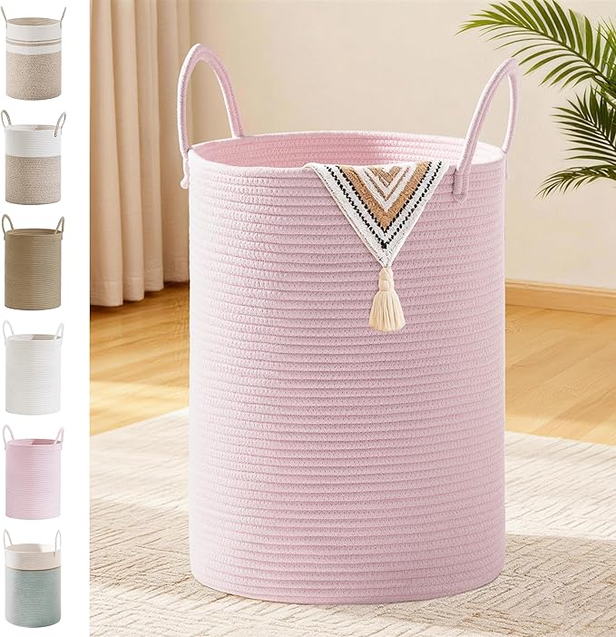 Girls' Tall Laundry Basket with Handles, 72L Portable Dirty Clothes Hamper, Boho Cotton Rope Storage Bin for Blankets Kids Toys Gifts, Decorative Organizer for Nursery Bedroom Bathroom, Pink