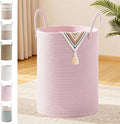 Girls' Tall Laundry Basket with Handles, 72L Portable Dirty Clothes Hamper, Boho Cotton Rope Storage Bin for Blankets Kids Toys Gifts, Decorative Organizer for Nursery Bedroom Bathroom, Pink