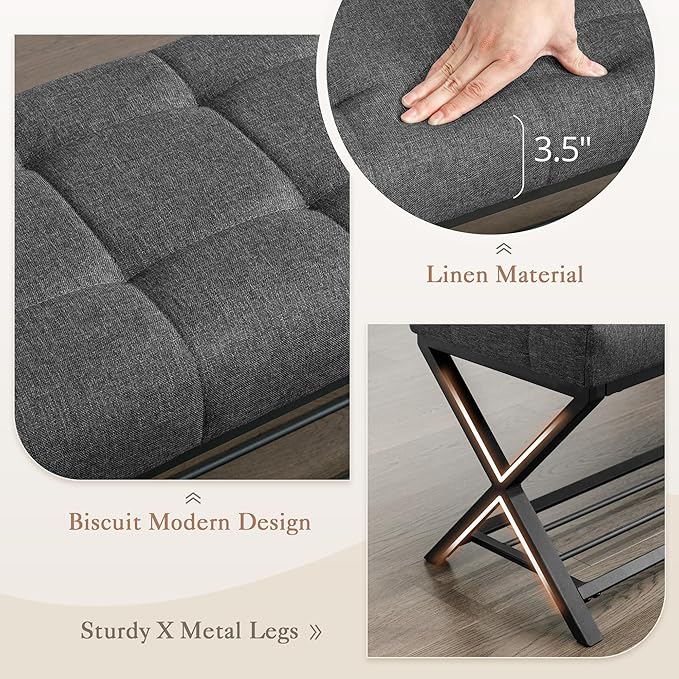 LUE BONA 44.5” End of Bed Bench with Shelf, Linen Tufted Upholstered Storage Shoe Bench, Modern Bedroom Bench with Metal Legs for Living Room, Entryway, Dining Room, 300 LB, Carbon Gray