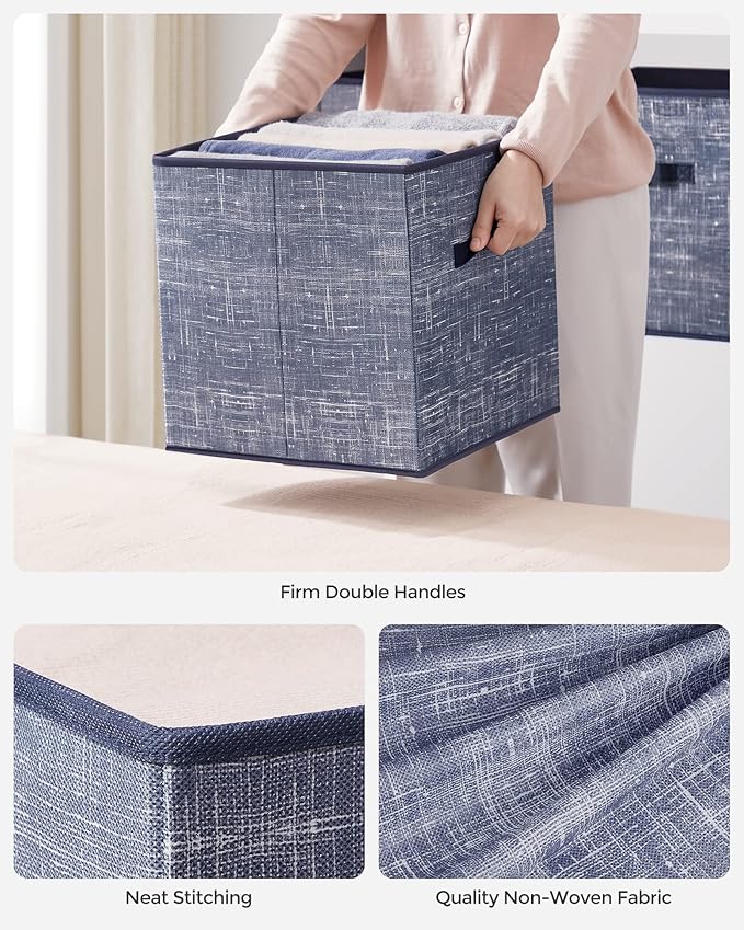 SONGMICS Storage Cubes, 13-Inch Non-Woven Fabric Bins with Double Handles, Set of 6, Closet Organizers for Shelves, Foldable, for Clothes, Misty Blue UROB033I01