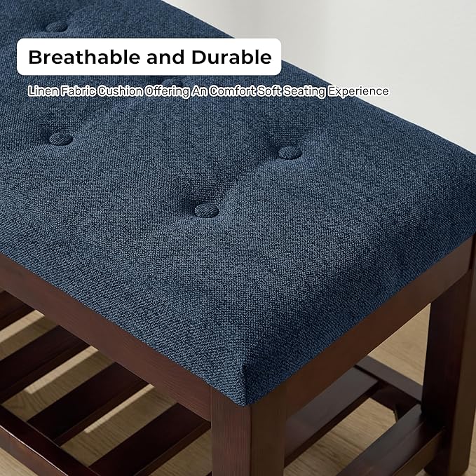 Shoe Bench Entryway, 44" End of Bed Bench,Upholstered Linen Bench for Living Room,Fabric Ottoman Bench with Solid Wood Shelf for Bedroom, Entrance Darkblue