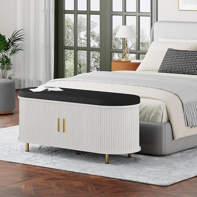DHH 2-Tier Storage Bench, 43.3" Wide Shoe Bench with Thickened Padded Seat Cushion, Mid Century Modern Fluted Sliding Door and Adjustable Shelf, for Entryway, Living Room, Bedroom(White)