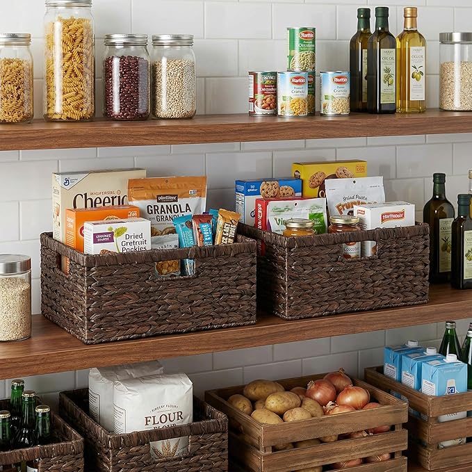 StorageWorks Large Storage Baskets for Shelves, Wicker Shelf Baskets for Organizing, Water Hyacinth Basket with Handles, Decorative Storage Basket for Toy, Pantry Organizers