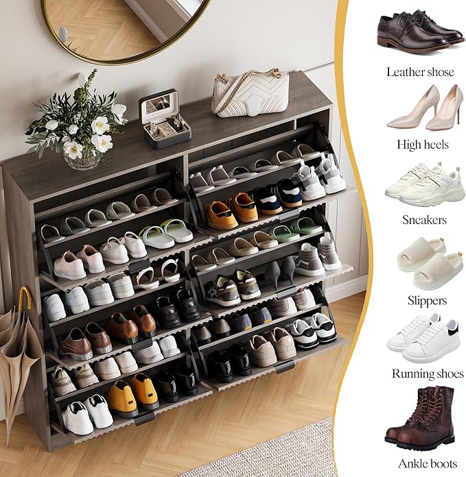 Shoe Cabinet Storage for Entryway with 6 Flip Drawers, Grey Fluted Shoe Cabinet with Adjustable Shelves, Wooden Hidden Shoe Rack Freestanding Narrow Slim Shoes Storage for Hallway, Entrance