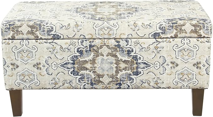 HomePop Ottomon Upholstered Rectangular Storage Ottoman Bench with Hinged Lid, Antiqued Medallion Print Ebony and Cream