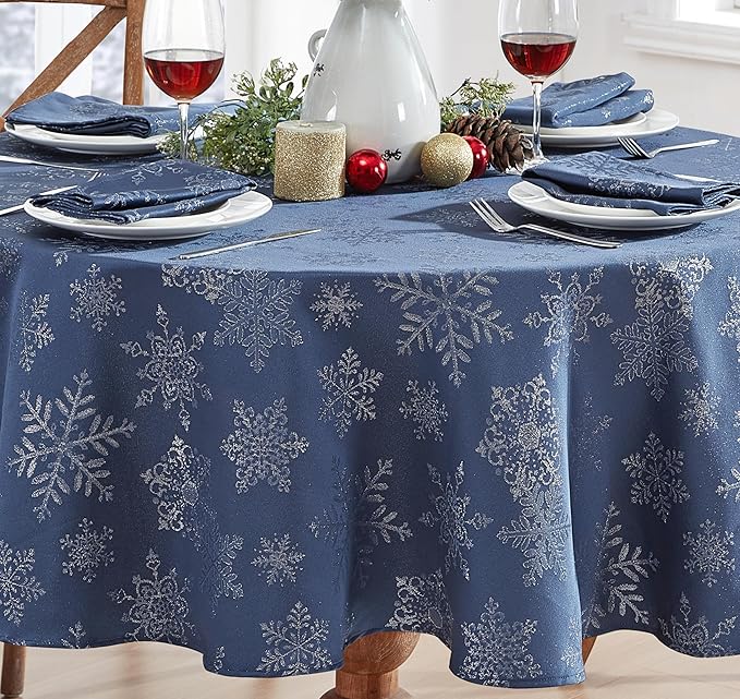 Newbridge Fancy Metallic Snowflake Christmas Fabric Tablecloth, 60 x 84 Inch Oval, Navy Silver, No-Iron Soil Resistant Sparkling Snowflakes Woven Holiday Table Cover