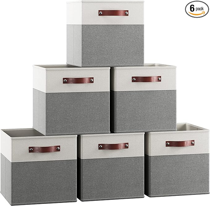 Ornavo Home 13 x 13 Storage Cube Bins, Foldable Collapsible Fabric Storage Bins Box Linen Shelf Basket Cube Organizer for Closet with Leather Handles, 6 Pack, White/Gray