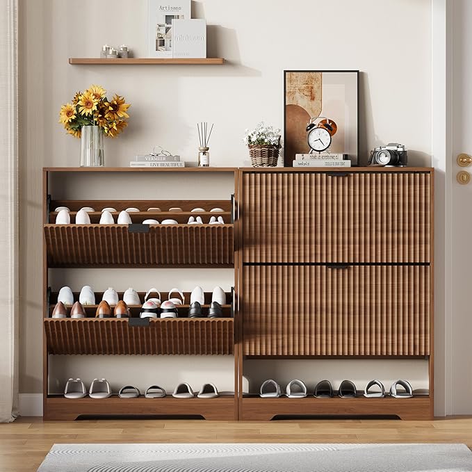 Shoe Cabinet Storage for Entryway with 2 Flip Drawers, Walnut Fluted Shoe Cabinet with Open Storage, Wooden Hidden Shoe Rack Freestanding Narrow Slim Shoes Organizer for Hallway, Entrance