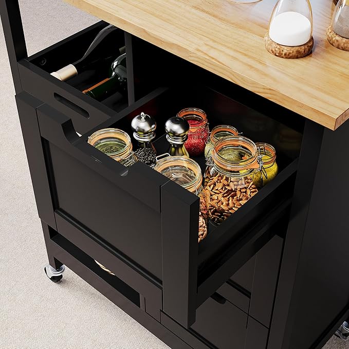 YITAHOME Kitchen Island with Storage, Kitchen Cart for Home, Rolling Serving Utility Trolley Cart on Wheel with 3 Drawers and 3 Storage Shelves, Kitchen Serving Cart for Dining Room, Bar, Black