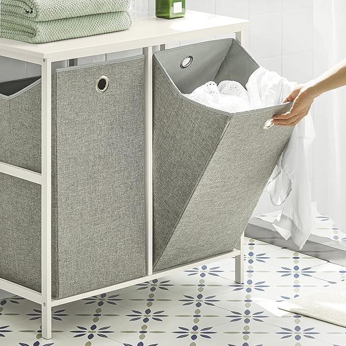 Haotian Laundry Hamper with Shelf, Laundry Basket, Laundry Sorter with 2 Pull-Out and Removable Bags for Laundry Room Bathroom Storing Rack Simple Design, BZR57-W