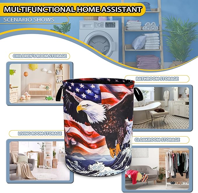 American Flag Eagle Wave Laundry Basket Foldable Oxford Cloth Funny Tote Bag Laundry Hamper Clothes Storage Bucket Toy Organizer For Bathroom/Laundry Storage/Bedroom 18.9x16.5 Inch