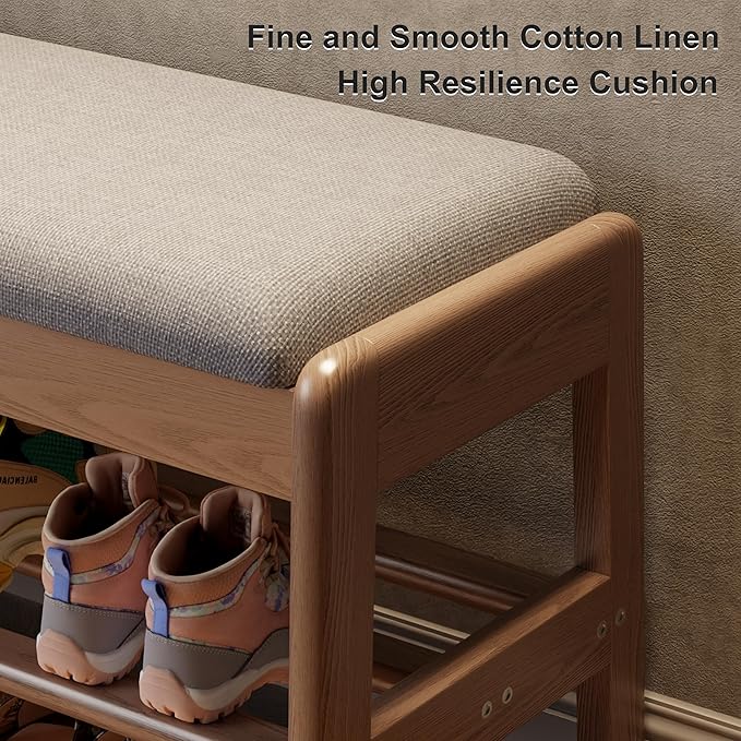 AQIMUELE Shoe Rack Bench,2 Tiers Shoe Bench with Storage with Flip-Top,Wood Shoe Rack for Entryway,Hallway（Walnut Upholstered Seat）