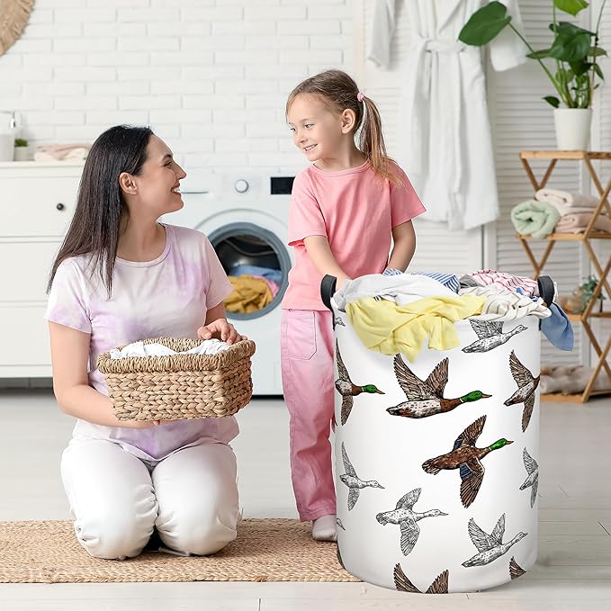 Mallard Duck Laundry Basket, Collapsible Waterproof Oxford Cloth Laundry Hamper, Funny Round Kids Toys Storage Basket as Room Decor, Cute Duck Dirty Clothes Hamper for Bedroom Bathroom (Brown)