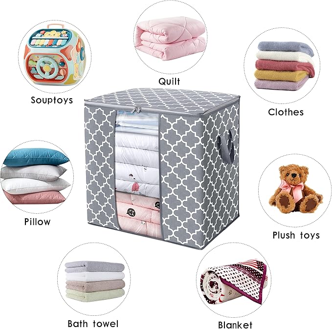 WISELIFE Storage Bags 8 Pack/100L Large Blanket Clothes Organization and Storage Containers for Comforters,Bedding, Foldable Organizer with Reinforced Handle, Clear Window, Sturdy Zippers,Light Gray