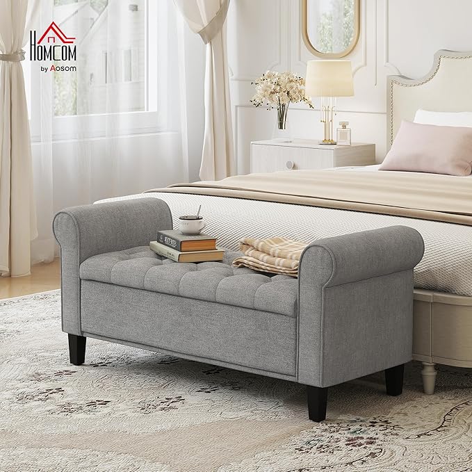 HOMCOM 50" Storage Ottoman Bench, Upholstered End of Bed Bench with Rolled Arms, Wood Legs, Button Tufted Storage Bench with Safety Hinges for Living Room, Entryway, Bedroom, Gray
