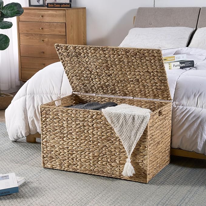 Water Hyacinth Storage Basket with Lid, 42.3 Gallon (160L) Blanket Storage Basket with Handles, Woven Storage Bin, Foldable, Metal Frame, for Bedroom, Laundry Room, Natural