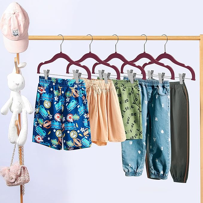 100 Quality Kids Plastic Non Velvet Non-Flocked Thin Compact Skirt Pant Coat Hangers with Metal Clips for Skirts Pants Blouses 360° Swivel Hook, Jacket, Shirt, Pants, Suit Hangers (Raspberry, 100)
