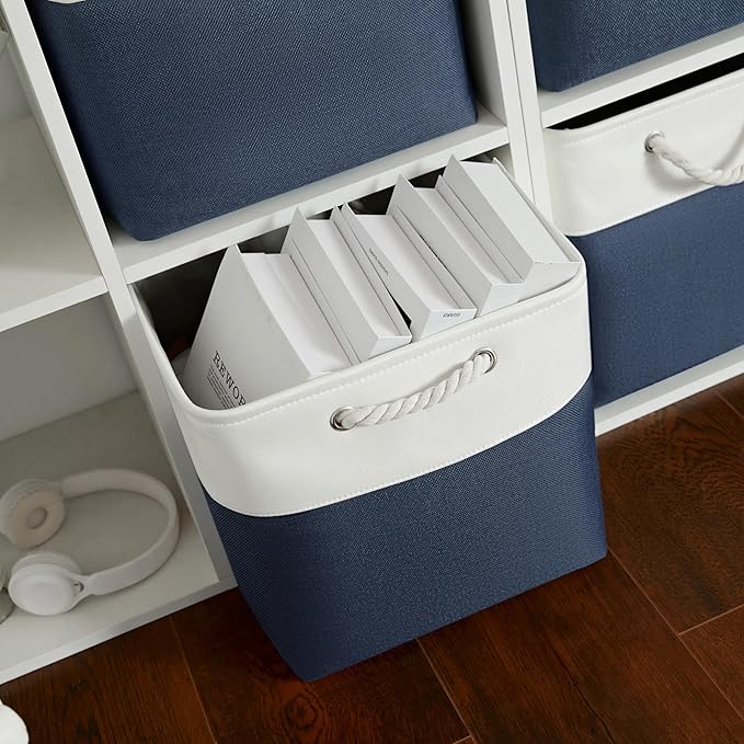 Cube Storage Bins, Collapsible Fabric Storage Cubes Bins, 11 Inch Cube Storage Bins with Handles, Foldable Storage Cubes (White/Navy, 6Pack)