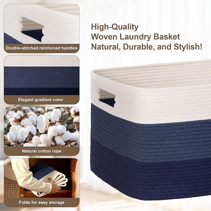 72L Large Laundry Basket with Leather Handles for Living Room Storage, Woven Rope Baskets Bin for Blanket, Kids Toy, Gifts, Wicker Hamper for Bedroom Dirty Clothes, 22"x17"x12" Gradient Blue