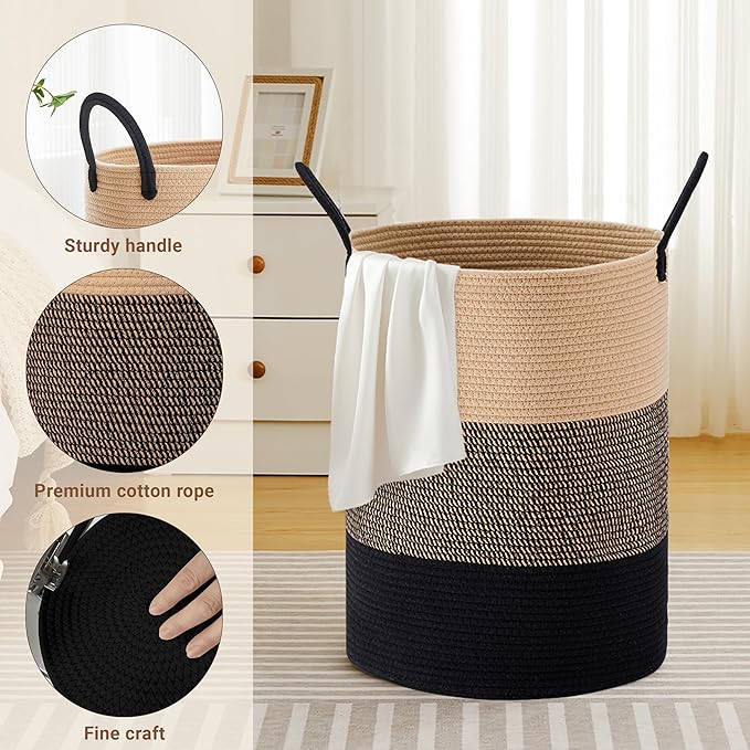 Tall Laundry Basket with Handles, 72L Portable Dirty Clothes Hamper, Boho Cotton Rope Storage Bin for Blankets Kids Toys Gifts, Large Organizer for Baby Nursery Bedroom Bathroom, Brown & Black