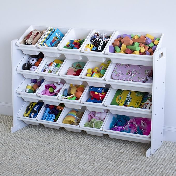 Humble Crew Extra-Large Toy Organizer with 20 Plastic Bins – White/White Storage Rack with 4-Tier Shelves, Anti-Tip Safety, for Kids’ Rooms, Playrooms, Nurseries & Classrooms
