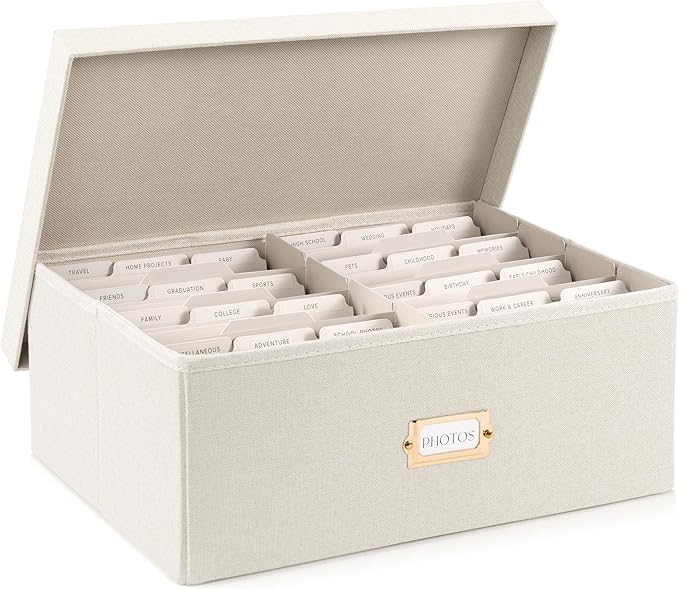 ZICOTO Decorative Photo Storage Box - Sturdy Linen Photo Organizer with Dividers is Perfect to Store Up to 1700 Pictures and 5x7 Photos - Portable Scrapbook Storage Containers with Lid