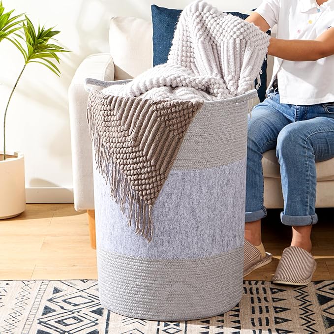 90L Jumbo Laundry Hamper,17" x 17" x 24" Extra Large Woven Laundry Basket for Blanket Storage, Tall Baby Nursery Hamper for Toys in Bedroom,Living Room Grey