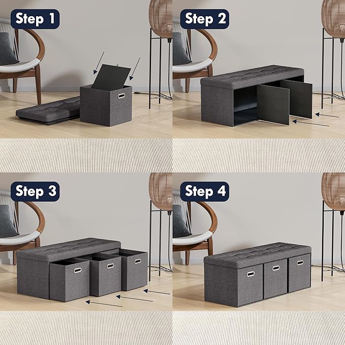 Ornavo Home Storage Ottoman with 3 Drawers, 40 Inches Long Foldable Tufted Linen Large Bench Ottoman with Storage, Foot Rest Stool Seat, for Living Room, Bedroom, Entryway, Dark Gray
